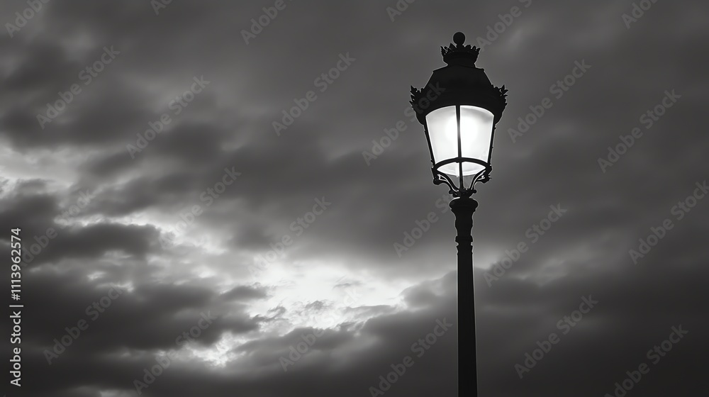 A black and white photo of a street lamp with a cloudy sky. A black and white photo of a street lamp with a cloudy sky.
