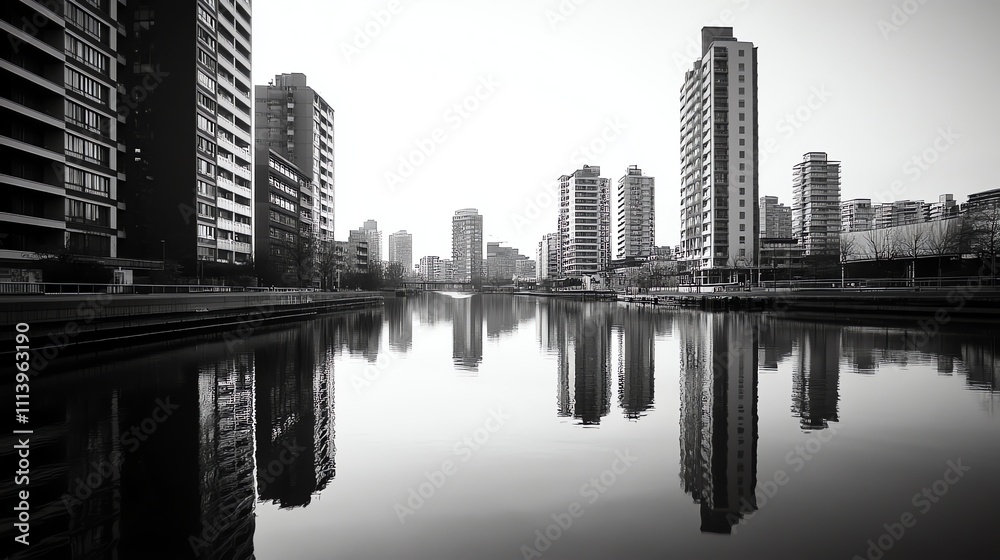 Obraz premium A black and white image of a canal in a city with tall buildings on both sides.