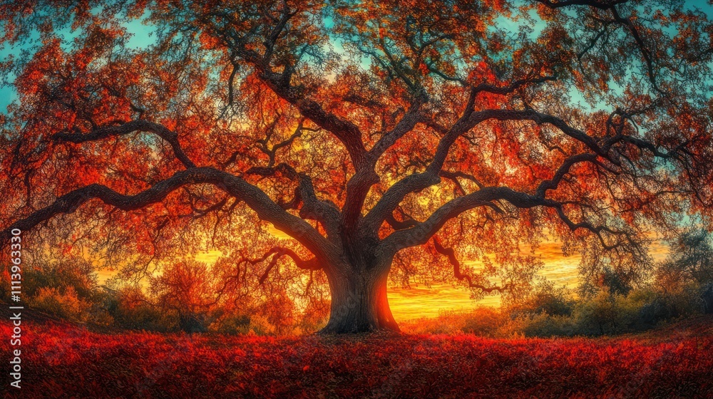 Majestic tree in vibrant autumn colors at sunset Majestic tree in vibrant autumn colors at sunset