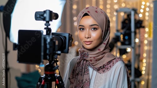 Muslim female beauty blogger with video recording in dressing room, AI generated image