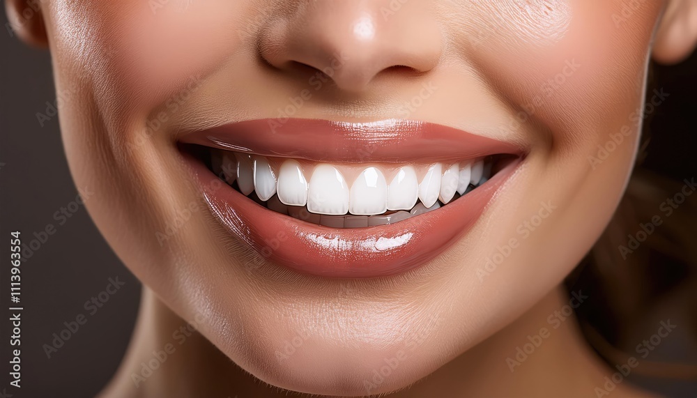 Close-up of a woman's smile showing white teeth and glossy lips Close-up of a woman's smile showing white teeth and glossy lips