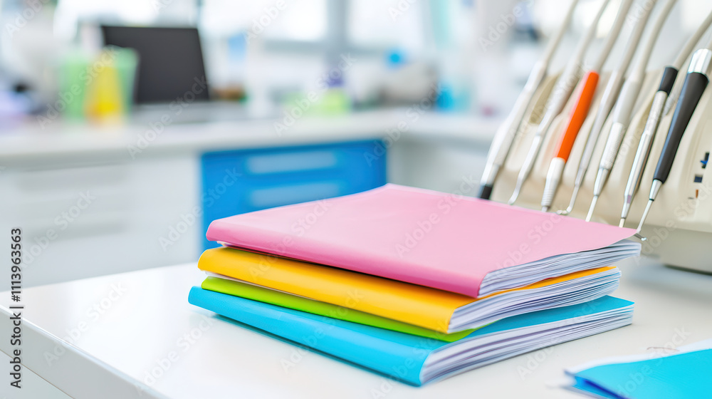Colorful folders stacked on desk in bright office environment create organized and vibrant workspace. cheerful colors enhance productivity and creativity Colorful folders stacked on desk in bright office environment create organized and vibrant workspace. cheerful colors enhance productivity and creativity