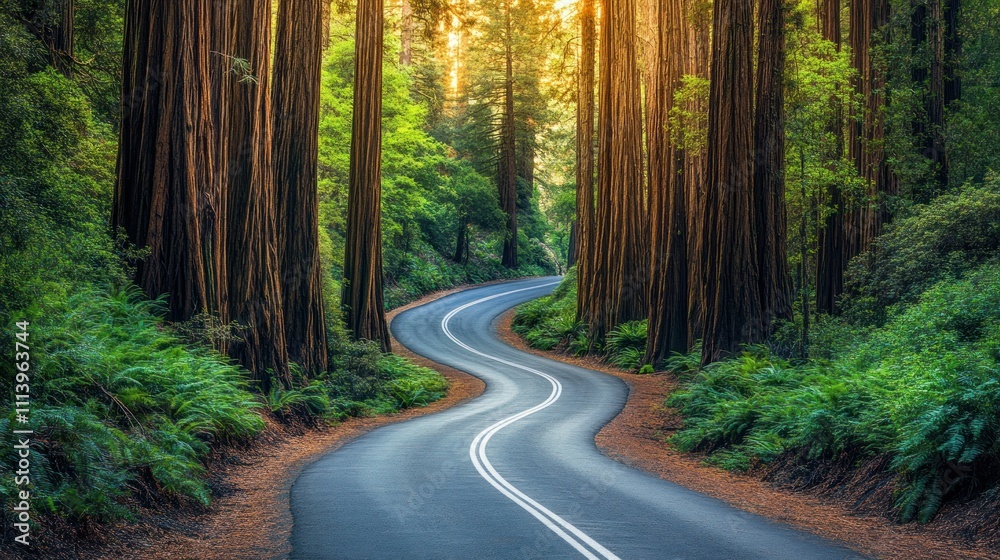 Fototapeta premium Winding road through a lush forest of tall trees