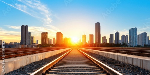 A vibrant sunset view at a city skyline with railway tracks leading into the horizon, capturing the essence of urban life and travel.