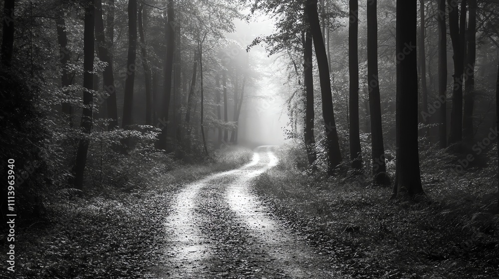 Fototapeta premium A black and white image of a forest path.