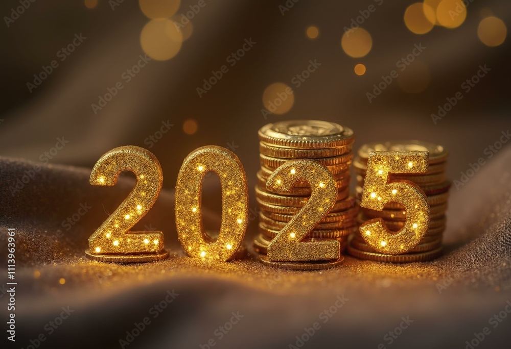 2025 formed by stacked gold coins sparkling on a velvet surface 2025 formed by stacked gold coins sparkling on a velvet surface