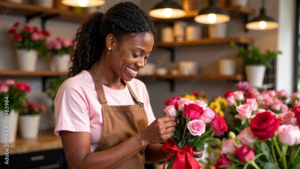 african american florist girl collecting and tying bouquet of roses with red ribbon, brown apron and white shirt, blurred florist shop in background, valentines day, copy space african american florist girl collecting and tying bouquet of roses with red ribbon, brown apron and white shirt, blurred florist shop in background, valentines day, copy space