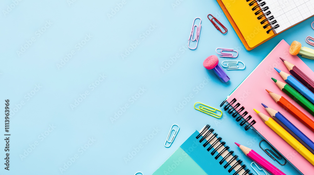 Colorful stationery supplies arranged on pastel blue background, featuring notebooks, colored pencils, and paper clips, creating vibrant and cheerful workspace Colorful stationery supplies arranged on pastel blue background, featuring notebooks, colored pencils, and paper clips, creating vibrant and cheerful workspace