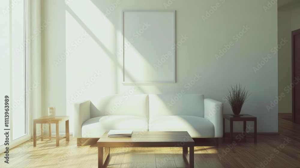 Fototapeta premium Modern living room featuring a sleek white sofa, wooden coffee table, and an empty white poster on the wall, bathed in soft natural light