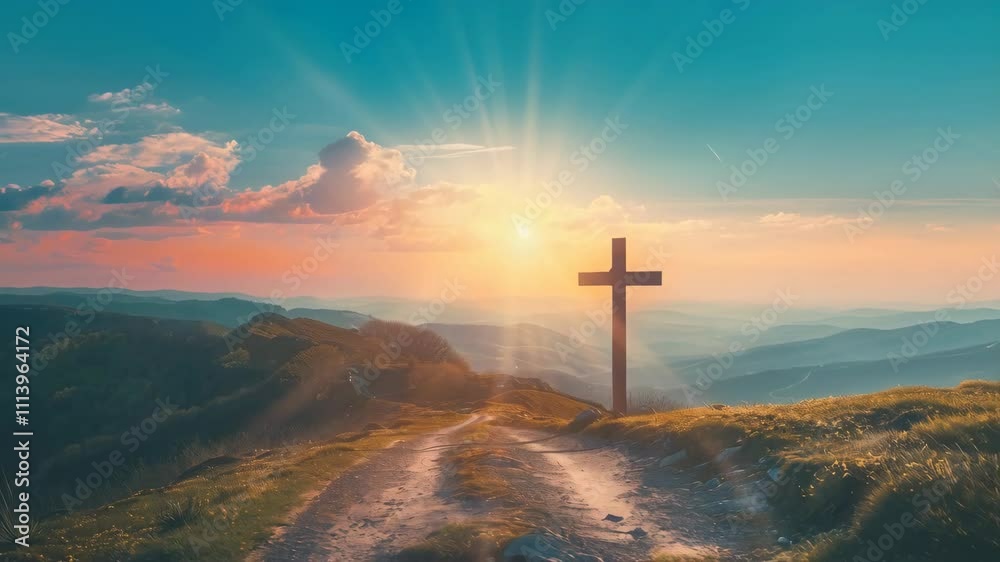religion background with copy space, christian cross on the mountain road over sunset sky
