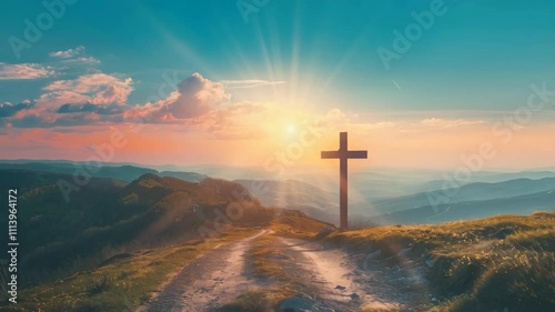 religion background with copy space, christian cross on the mountain road over sunset sky