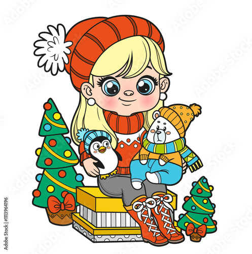 Cute cartoon longhaired girl sit on a big box with soft toys in hands on white background