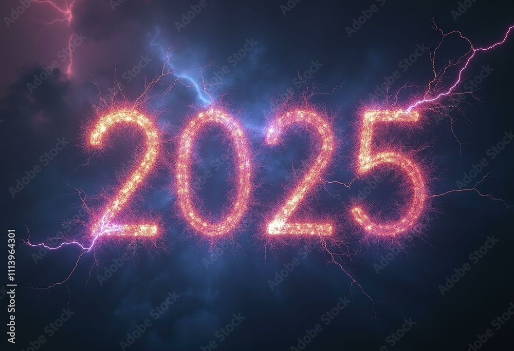 2025 formed by glowing lightning bolts against a stormy dark sky with vivid blue and purple tones 2025 formed by glowing lightning bolts against a stormy dark sky with vivid blue and purple tones