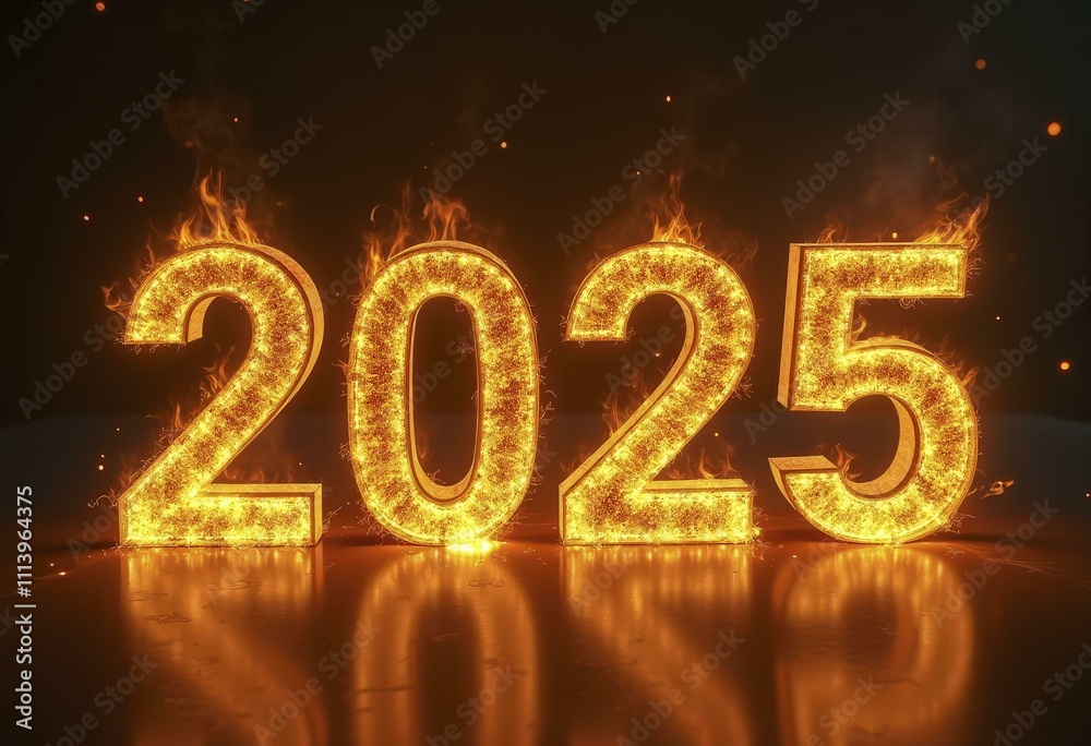 2025 in glowing molten gold with flames at the edges, set against a dark background
