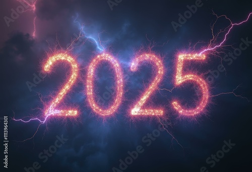 2025 formed by glowing lightning bolts against a stormy dark sky with vivid blue and purple tones