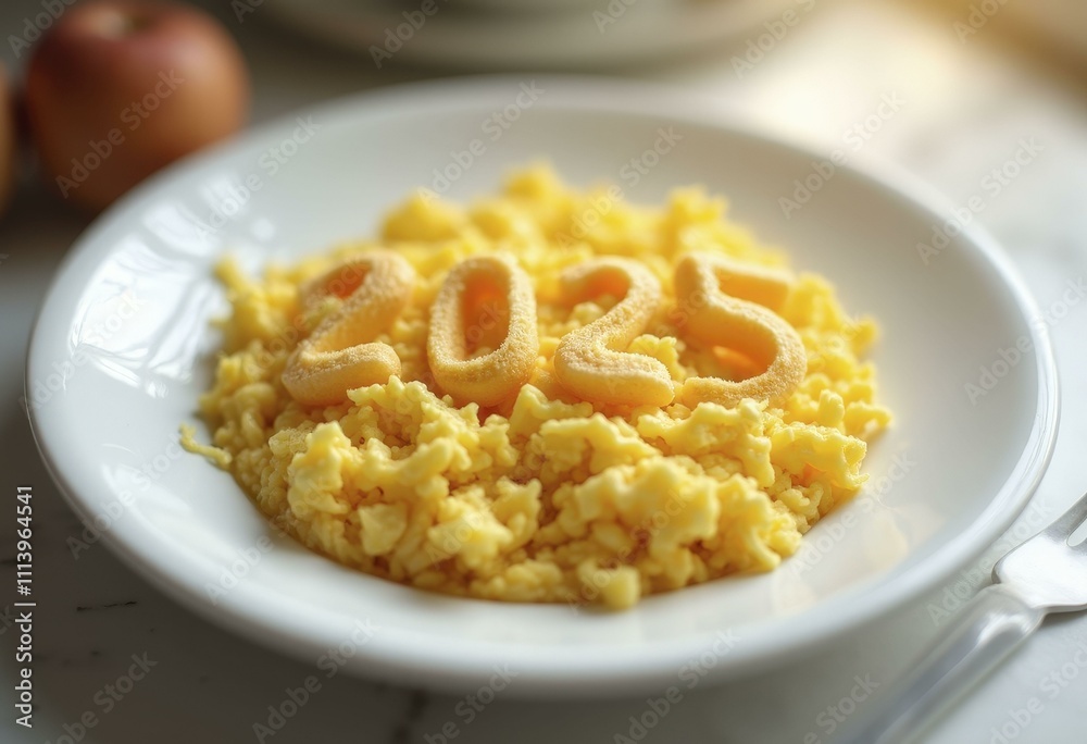 2025 spelled out with scrambled eggs and shredded cheese on a white ceramic plate 2025 spelled out with scrambled eggs and shredded cheese on a white ceramic plate