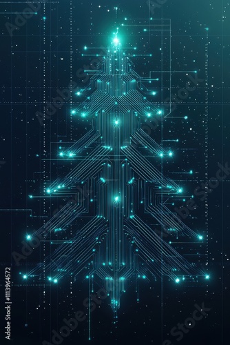 digital glowing tech christmas tree on blue background	
