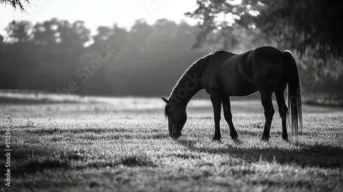 A black and white photo of a horse grazing in a field. photo