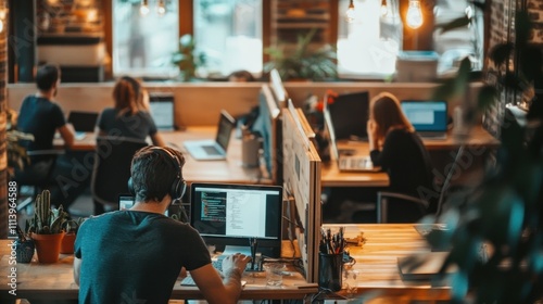 Coworkers in modern office space working on computers.