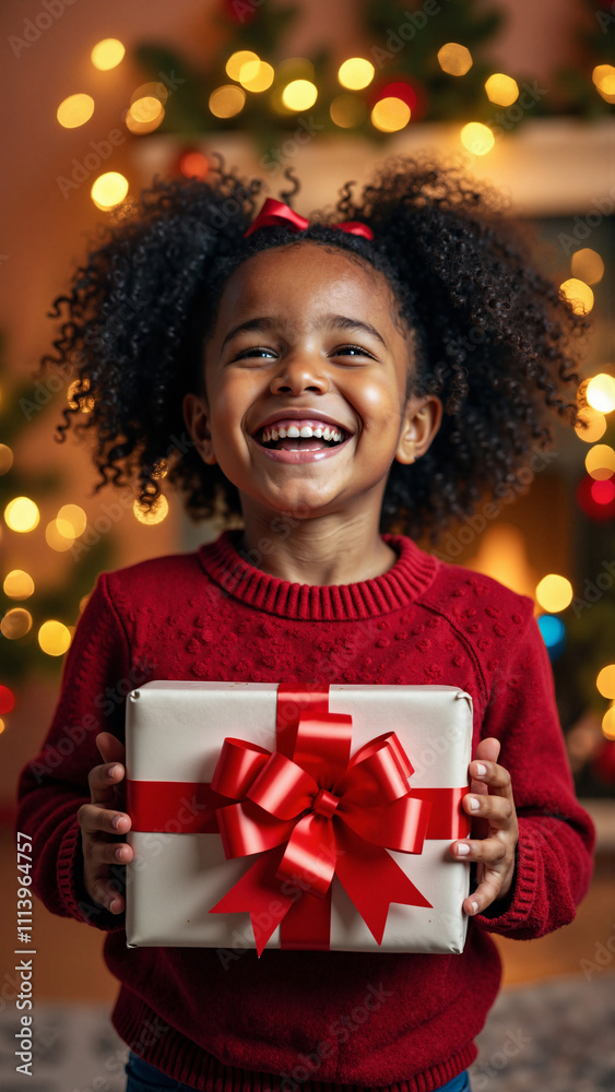 Joyful African Girl with Christmas Gift: Perfect for Holiday Ads, Greeting Cards, and Family-Oriented Campaigns Joyful African Girl with Christmas Gift: Perfect for Holiday Ads, Greeting Cards, and Family-Oriented Campaigns