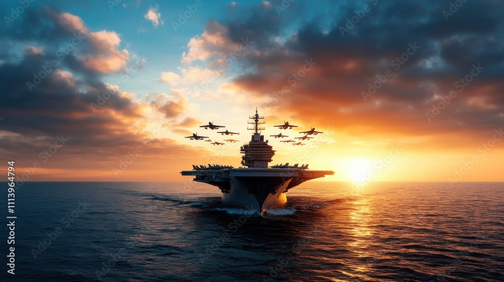Massive Aircraft Carrier in Open Sea with Fighter Jets Massive Aircraft Carrier in Open Sea with Fighter Jets