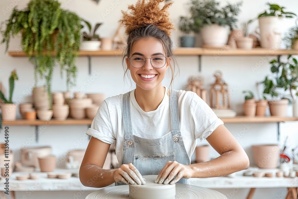 Young caucasian female potter crafting clay pots in studio with plants Young caucasian female potter crafting clay pots in studio with plants