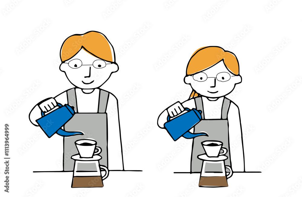 コーヒーをハンドドリップするメガネのカフェ店員男女セット コーヒーをハンドドリップするメガネのカフェ店員男女セット