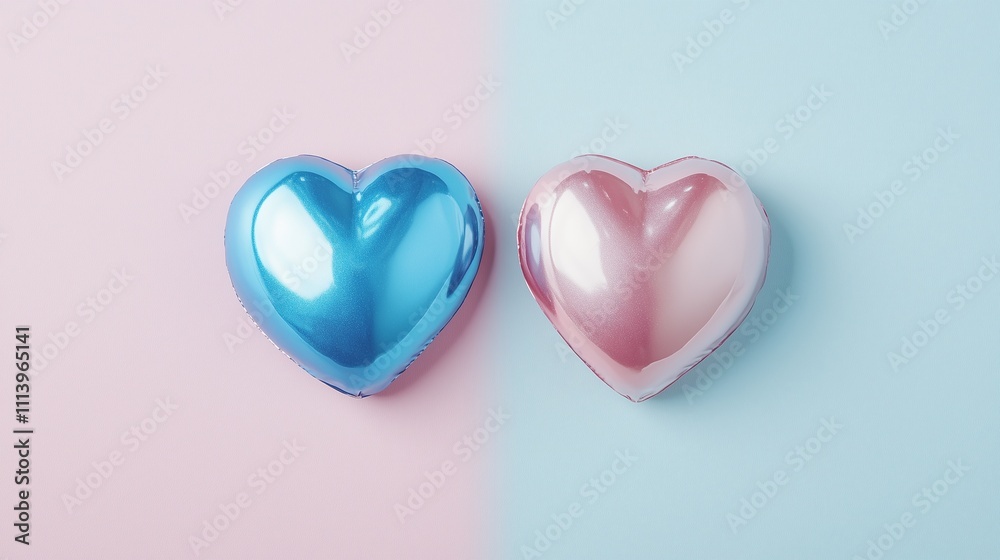 Two glossy heart-shaped balloons, one blue and one pink, are placed on a softly colored background, symbolizing love and affection. Two glossy heart-shaped balloons, one blue and one pink, are placed on a softly colored background, symbolizing love and affection.