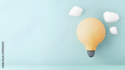 Dream Yellow Light Bulb with Clouds on Blue Background