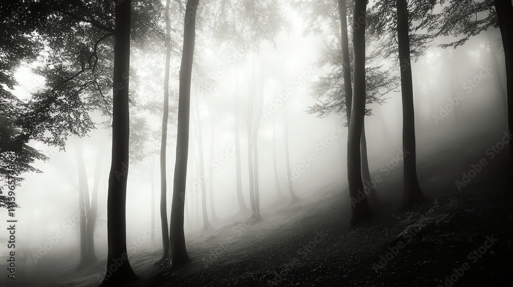 Obraz premium A misty, black and white image of a forest.