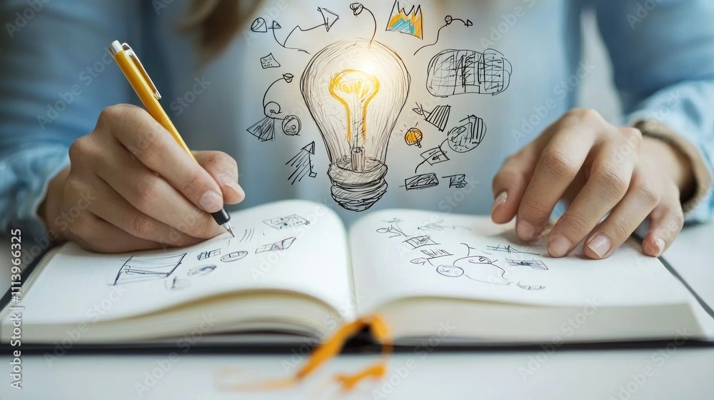 A person sketching ideas in a notebook, conceptualizing a new product design