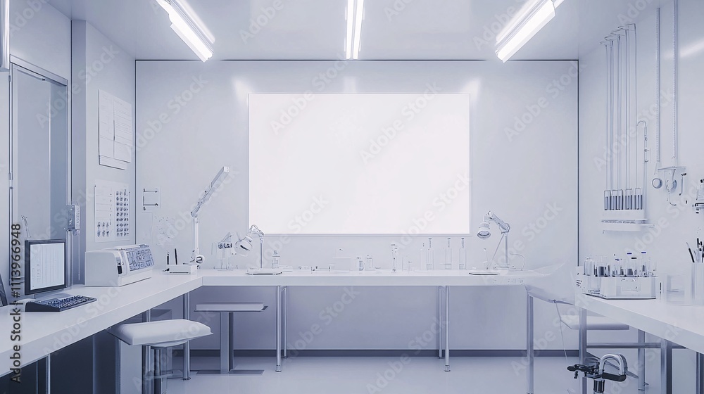 Modern laboratory interior with empty frame displaying research findings Modern laboratory interior with empty frame displaying research findings