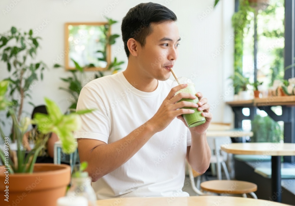 Young man drinking a green smoothie through a straw in a cafe Young man drinking a green smoothie through a straw in a cafe