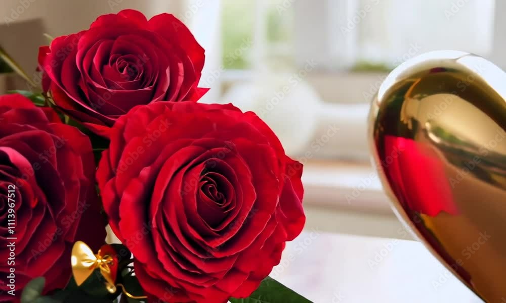 A romantic arrangement featuring vibrant red roses and a reflective golden heart sculpture on a polished surface.