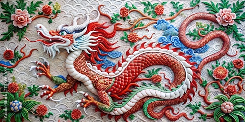 A Captivating Red and White Dragon Illustration on a Wall Embraced by Floral Patterns and Romantic Elements, Perfect for Home Decor and Fantasy Art Enthusiasts photo