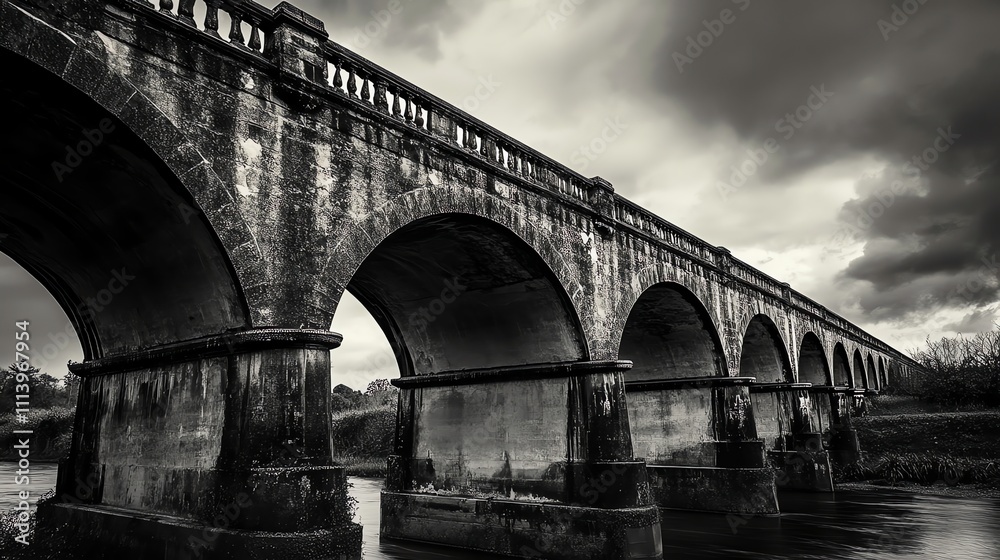 Fototapeta premium A black and white image of a stone bridge over a river.