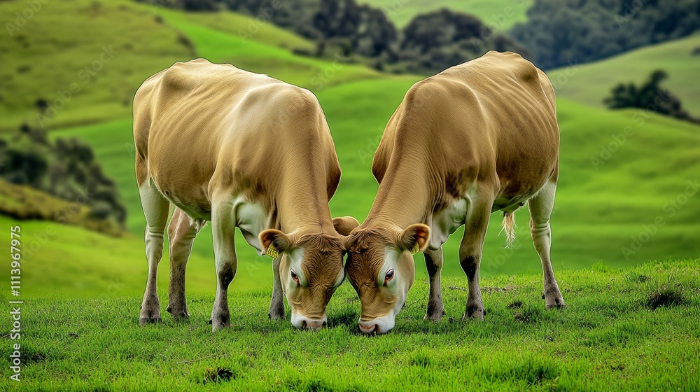 Portrait of healthy beautiful cows standing on lush green farm Portrait of healthy beautiful cows standing on lush green farm