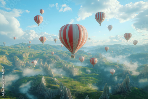 Many red and white striped hot air balloons float over a landscape of rolling hills and valleys with clouds photo