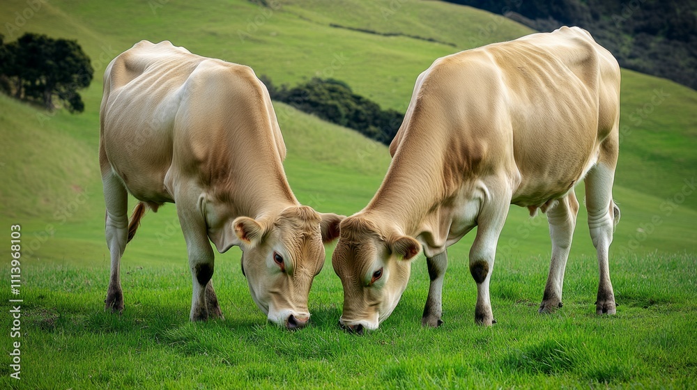 Portrait of healthy beautiful cows standing on lush green farm Portrait of healthy beautiful cows standing on lush green farm