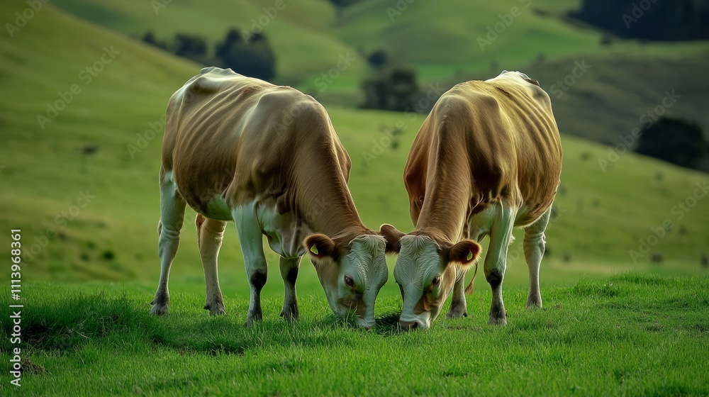 Fototapeta premium Portrait of healthy beautiful cows standing on lush green farm