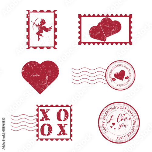 A set of postage stamps and stamps for letters and messages for Valentine's Day. Valentine's Day decor elements Vector