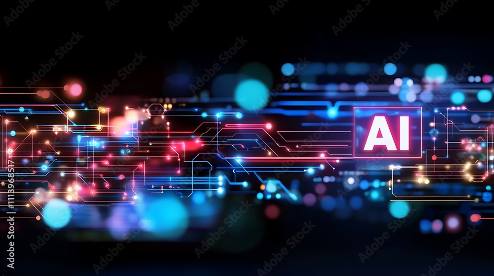 Futuristic AI Technology Concept with Colorful Circuit Board and Glowing Lights Futuristic AI Technology Concept with Colorful Circuit Board and Glowing Lights