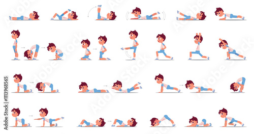 The little boy is exercising. Big set of back exercises. Physical exercises for good posture. Cartoon characters. Funny vector illustration. Isolated on white background