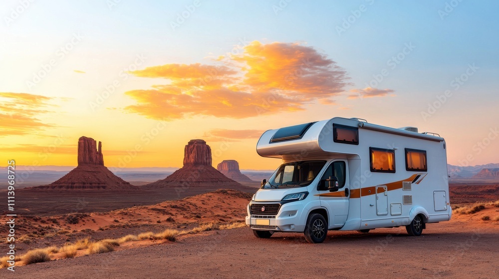 Scenic RV Parked in Desert Landscape at Sunset Scenic RV Parked in Desert Landscape at Sunset