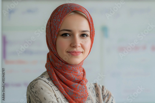 woman with a light peach hijab and a pleasant expression is pictured photo