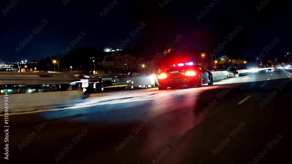 A police car speeds through a vibrant cityscape at night, pursuing a suspect vehicle. Bright lights reflect off the buildings as the chase intensifies