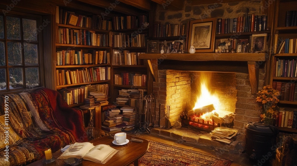 Cozy reading nook with a warm fireplace and bookshelves. Generative AI Cozy reading nook with a warm fireplace and bookshelves. Generative AI