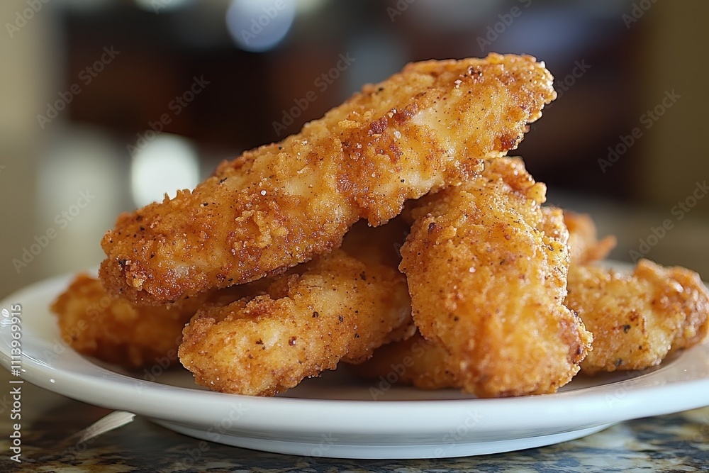 Crispy golden-brown chicken tenders, seasoned perfectly. Perfect for menus, blogs, or food articles showcasing delicious fried chicken.