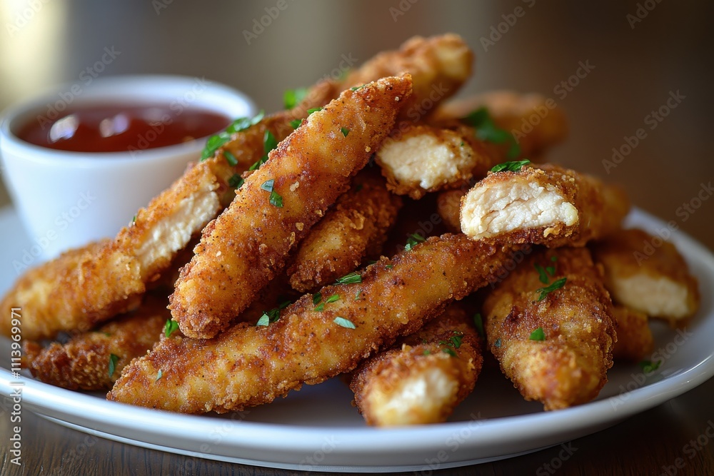 Crispy golden chicken tenders, served with ketchup. Perfect for menus, blogs, or food websites needing appetizing visuals. Crispy golden chicken tenders, served with ketchup. Perfect for menus, blogs, or food websites needing appetizing visuals.