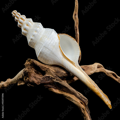 White Fusinus colus Shell on Driftwood black background photo